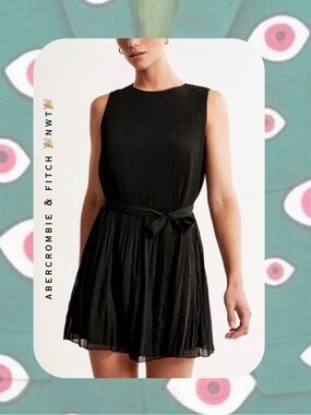 🎉 Abercrombie & Fitch Black Pleated Sleeveless Mini Dress with Waist Tie Belt